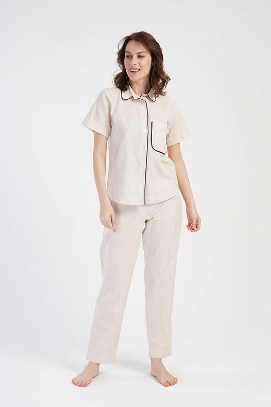 Cotton and Linen Beige Pajama Set for Women