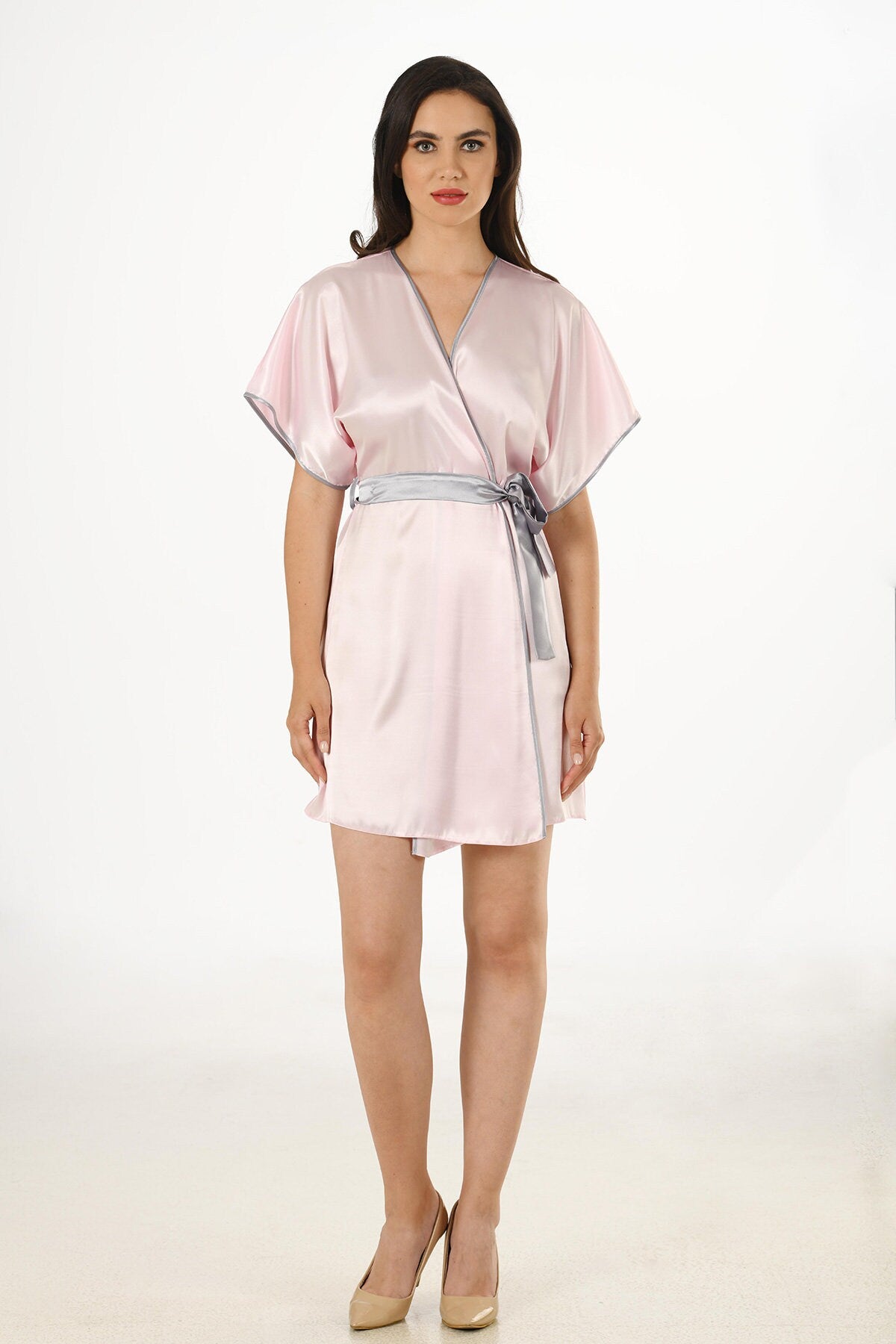 Baby Pink Satin Nightgown Kimono with Belt