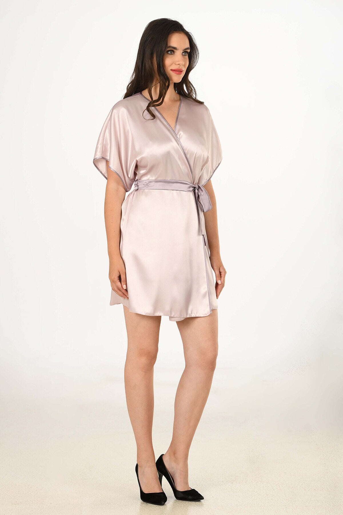 Beige Satin Nightgown Kimono with Belt