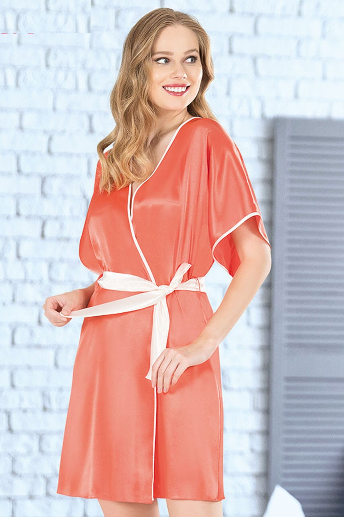 Coral Satin Dressing Nightgown